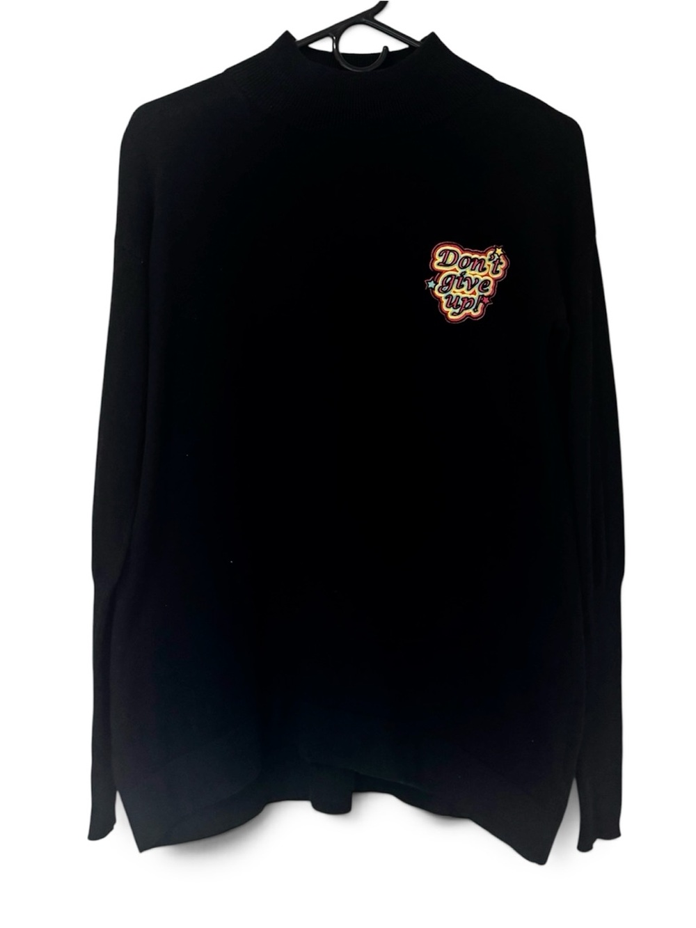 Halston Heritage Black Turtleneck Sweater with Colorful 'Don't Give Up' Patch